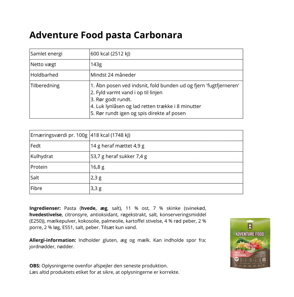 Adventure Food frysetørret turmad pasta Carbonara med skinke og ost 