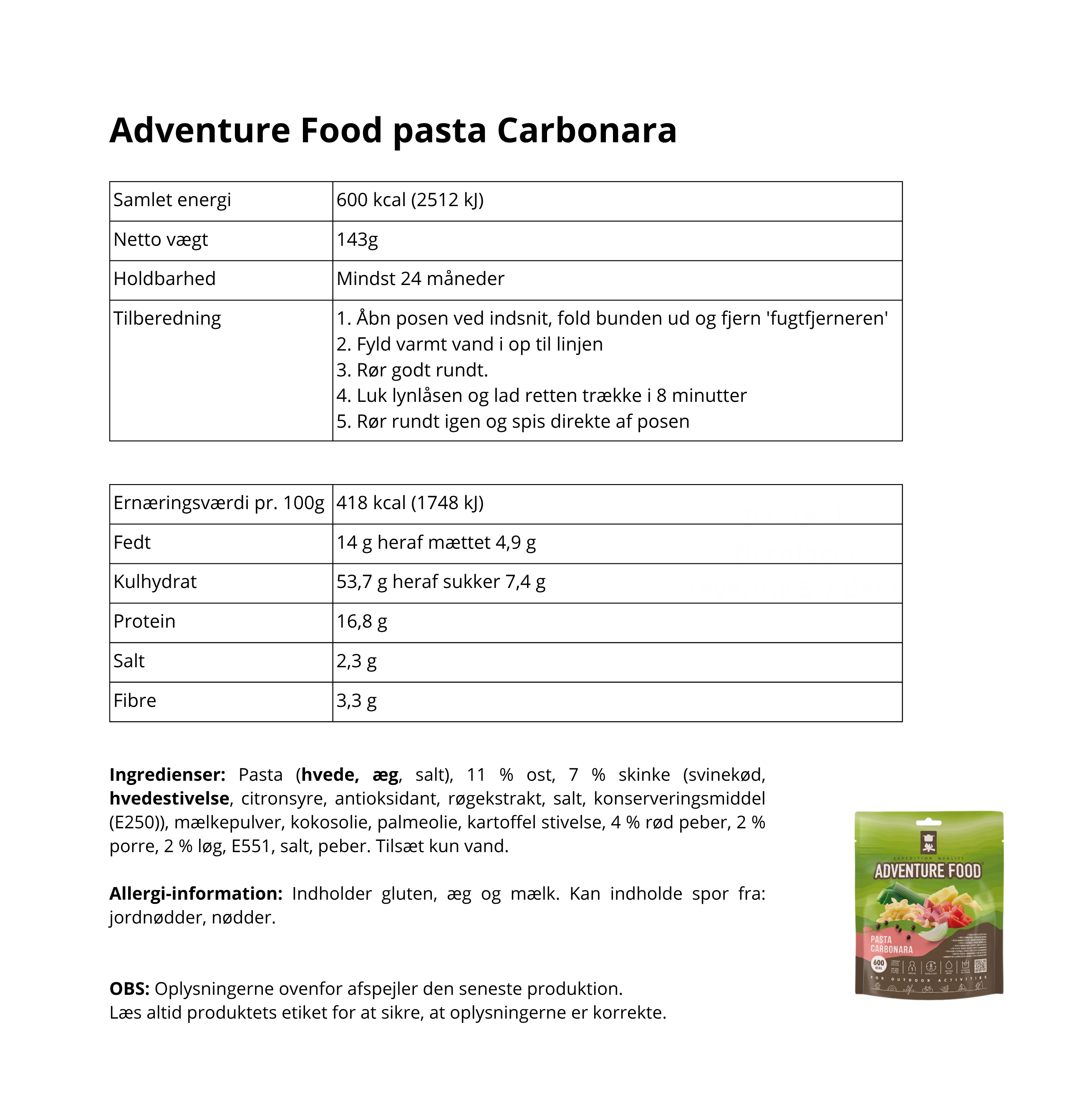 Adventure Food frysetørret turmad pasta Carbonara med skinke og ost 