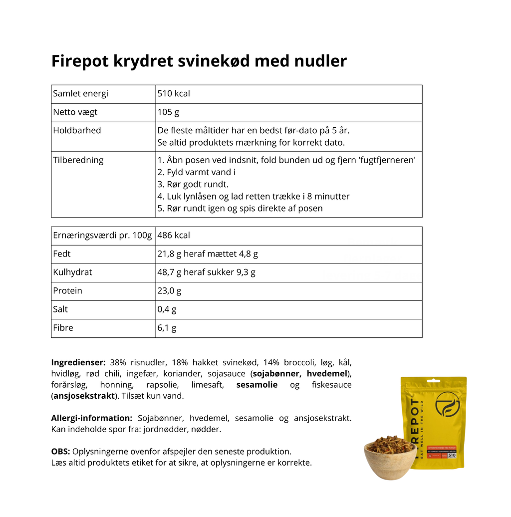 Firepot krydret svinekød med nudler turmad ingredienser 
