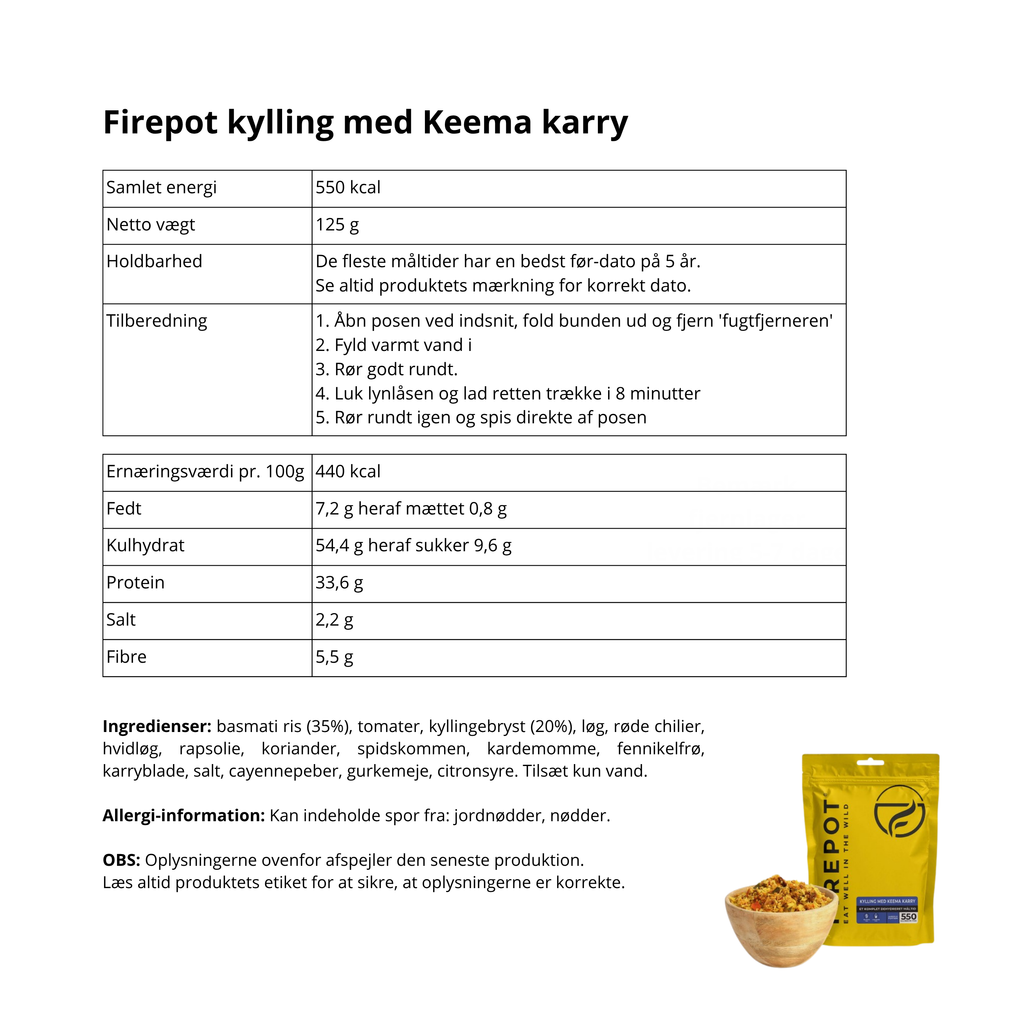 Firepot frysetørret turmad kylling Keema karry glutenfri ingredienser 