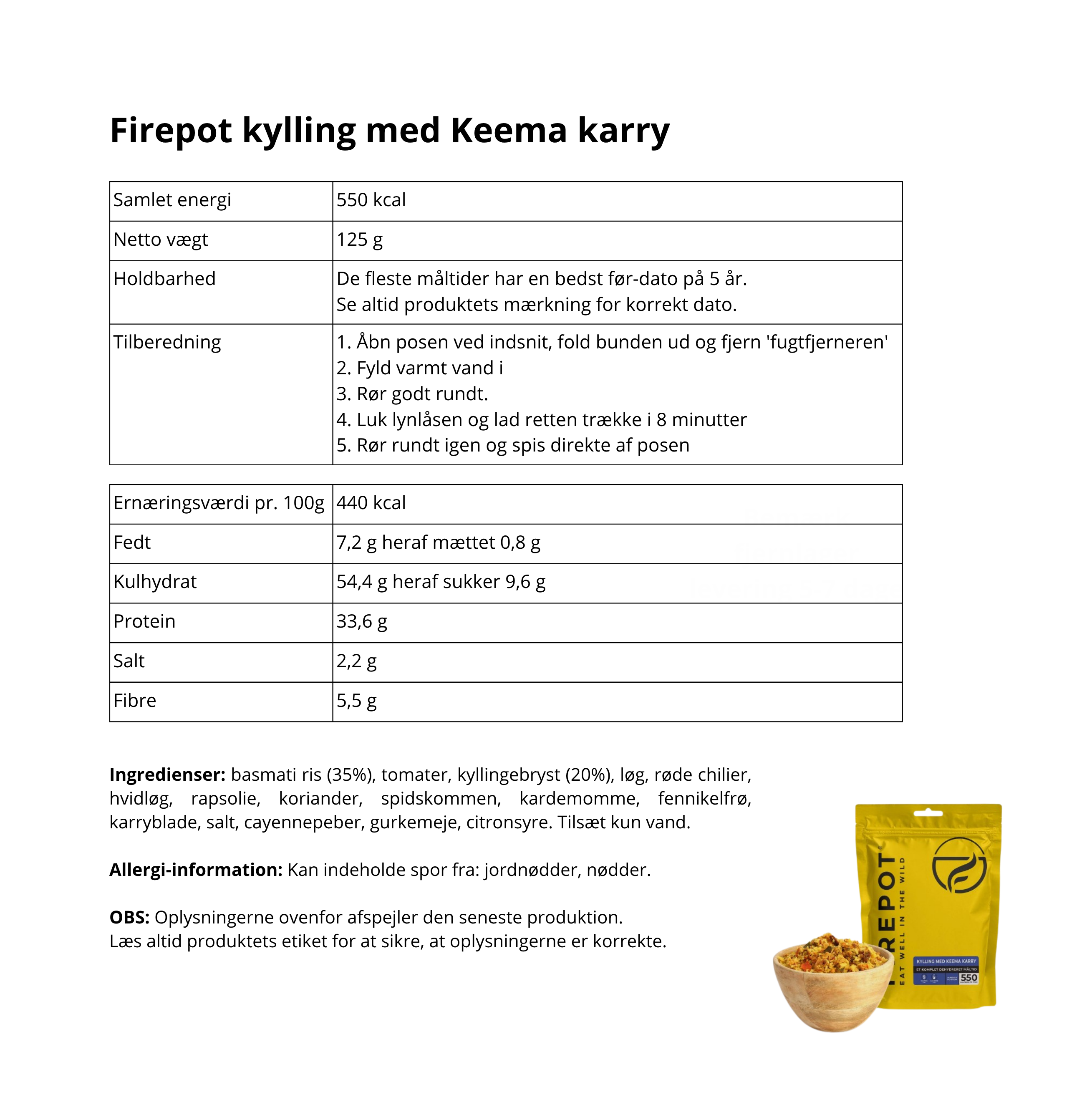 Firepot frysetørret turmad kylling Keema karry glutenfri ingredienser 