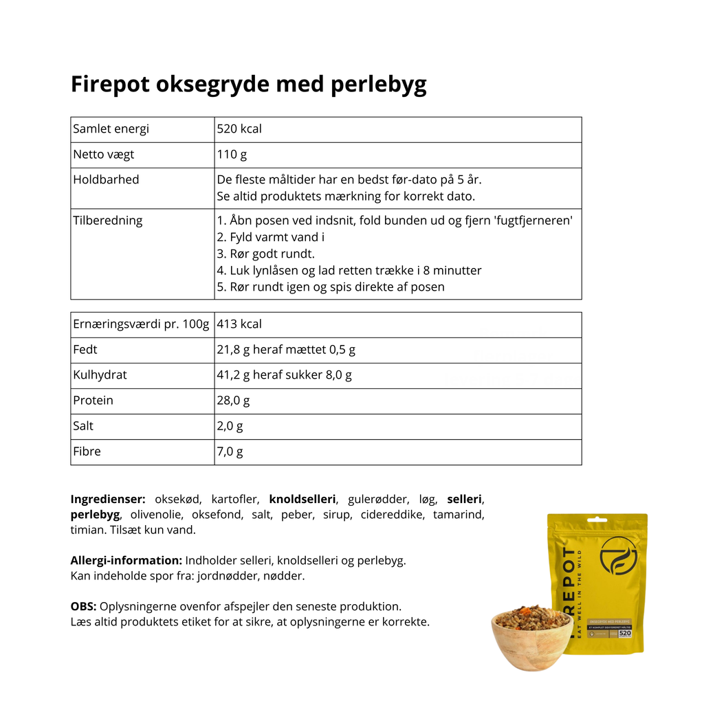 Firepot frysetørret turmad oksegryde med perlebyg ingredienser 