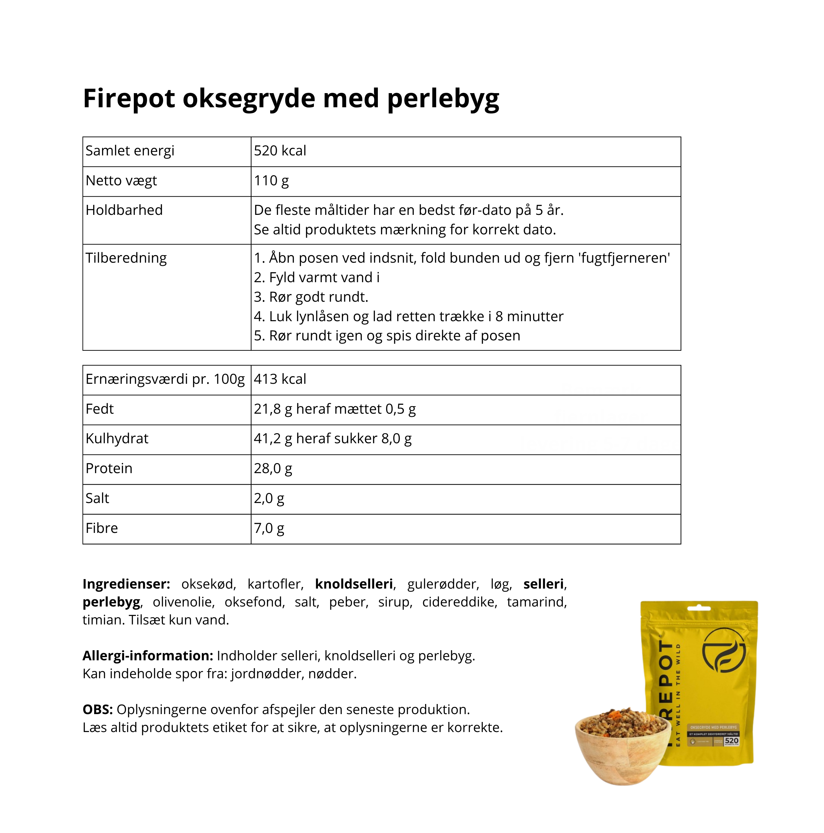 Firepot frysetørret turmad oksegryde med perlebyg ingredienser 